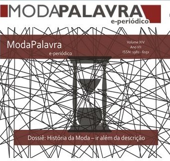 Capa da Modapalavra, V. 7 N.14 (2014). Fundo branco com linhas pretas entrelaçadas, ao centro uma ampulheta em tom escuro. No topo, título do periódico com faixa marrom. Abaixo, o título do dossiê História da Moda – ir além da descrição.