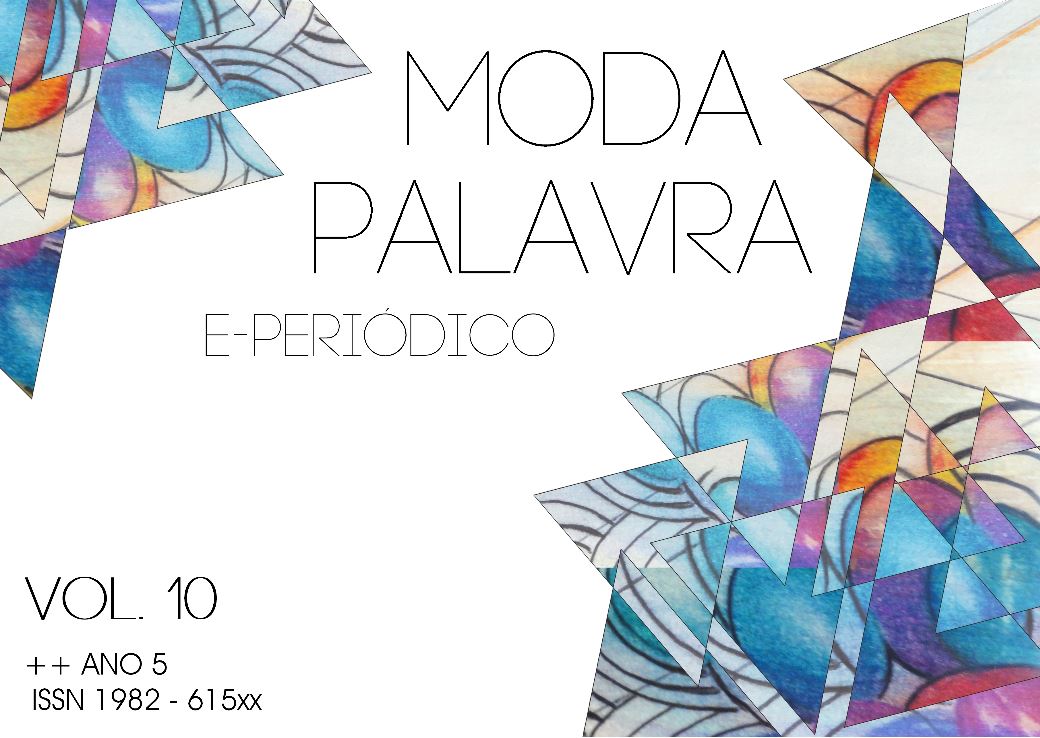 Capa da Modapalavra, V. 5 N.10 (2012). Formas geométricas coloridas em fundo branco. No centro, o título do periódico.