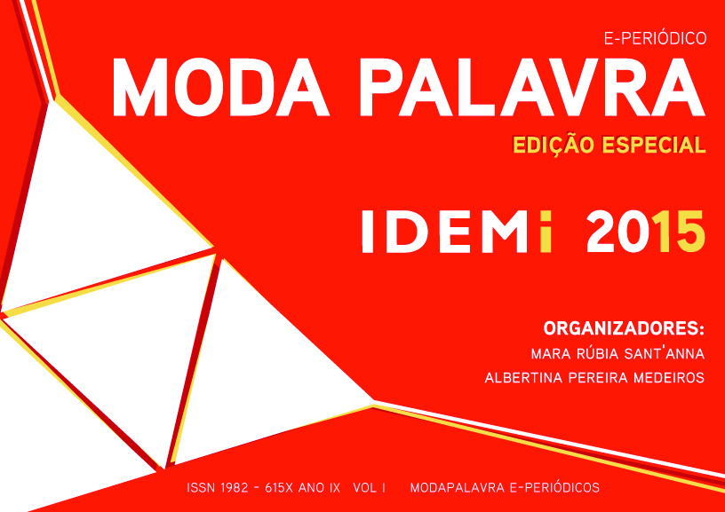 Capa da Modapalavra, Edição Especial IDEMi 2015. Fundo laranja com formas triangulares brancas. À direita, nome das organizadoras Mara Rúbia Sant’Anna e Albertina Pereira Medeiros.