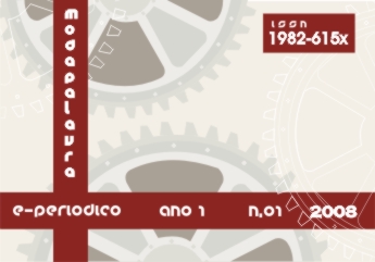 Capa da Modapalavra, V.1 N.1 (2008). Engrenagens ao fundo. À esquerda na vertical, título do periódico.