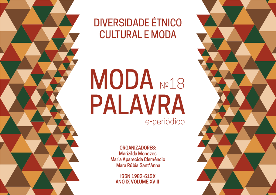 Capa da Modapalavra, V. 9 N.18 (2016). Padrão geométrico com triângulos nas laterais. No centro, o título do periódico e dados do Dossiê Diversidade Étnico Cultural e Moda, organizadoras Marizilda Menezes, Maria Aparecida Clemêncio e Mara Rúbia Sant’Anna.