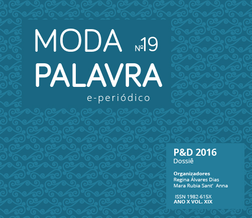 Capa da Modapalavra, V. 10 N.19 (2017). Fundo azul com padrão gráfico. No centro, o título da revista. No canto inferior direito, os dados do dossiê P&D 2016, organizadoras Regina Álvares Dias e Mara Rubia Sant’Anna.