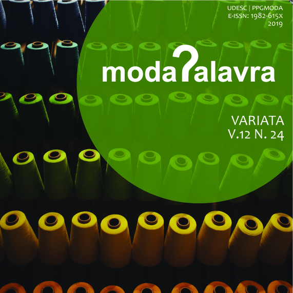 Capa da Modapalavra, edição Variata, V.12, N.24 (2019). Bobinas de linha de costura em diferentes cores. No canto superior direito, círculo marrom claro com o logotipo da revista Modapalavra com um ponto de interrogação estilizado como letra p.